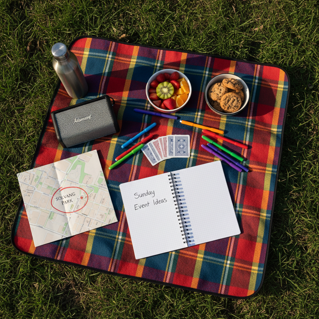 An overhead, photographic shot of a bright checked picnic blanket spread on Solvang Park’s grass, meticulously arranged with an open notebook labeled “Sunday Event Ideas,” colorful pens, a deck of cards mid-shuffle on the fabric, and small bowls of neatly sliced fruit and cookies. To one side, a folded park map with “Solvang Park” circled in red rests beside a reusable water bottle and a small portable speaker. The soft, warm glow of the early evening sky casts even, natural light with minimal shadows, emphasizing the rich colors of the blanket and objects. The composition is carefully balanced yet feels spontaneous, conveying a mood of playful planning and gentle anticipation for community connection, without any people or devices displaying screens.