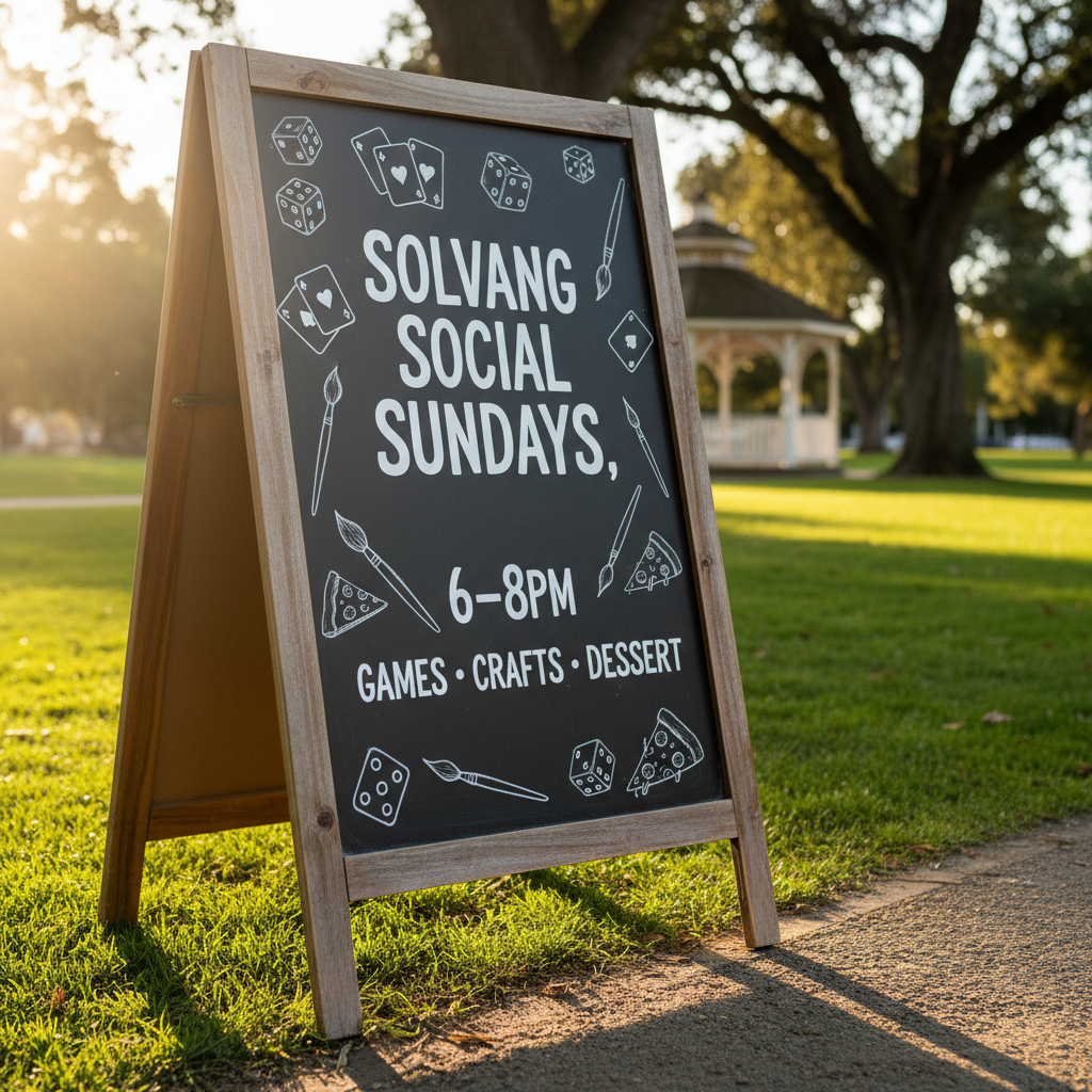 A close, photographic detail of a chalkboard easel sign positioned on the edge of a grassy path in Solvang Park, the blackboard surface filled with hand-drawn doodles of dice, playing cards, paintbrushes, and small slices of pizza around the bold text “Solvang Social Sundays, 6–8pm, Games • Crafts • Dessert.” The wooden frame of the sign shows a natural grain and light wear. Behind it, the park lawn stretches out with a charming white gazebo and mature trees softly blurred. Golden hour light from the side creates a warm rim along the sign’s edges and subtle shadows in the engraved wood grain. Shot at a low angle with shallow depth of field, the atmosphere feels inviting, playful, and community-centered, perfectly suited to a welcoming event blog.