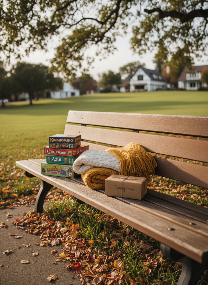 A close-up of a rustic wooden park bench in Solvang Park, its slats worn smooth, holding a neat stack of vibrant board game boxes, a pair of neatly folded knitted blankets, and a small kraft paper dessert box with a handwritten “Sunday Treats” label. Around the bench, fallen leaves in early autumn tones scatter across the grass. Soft, diffused early evening light filters through oak branches above, dappling the bench with gentle highlights. The composition uses rule of thirds, with the bench angled diagonally through the frame and the park landscape softly blurred behind. Photographic realism emphasizes texture—the grain of the wood, the matte cardboard of the boxes, and the cozy fabric—creating an inviting, quietly joyful atmosphere that hints at community gathering without any visible people.