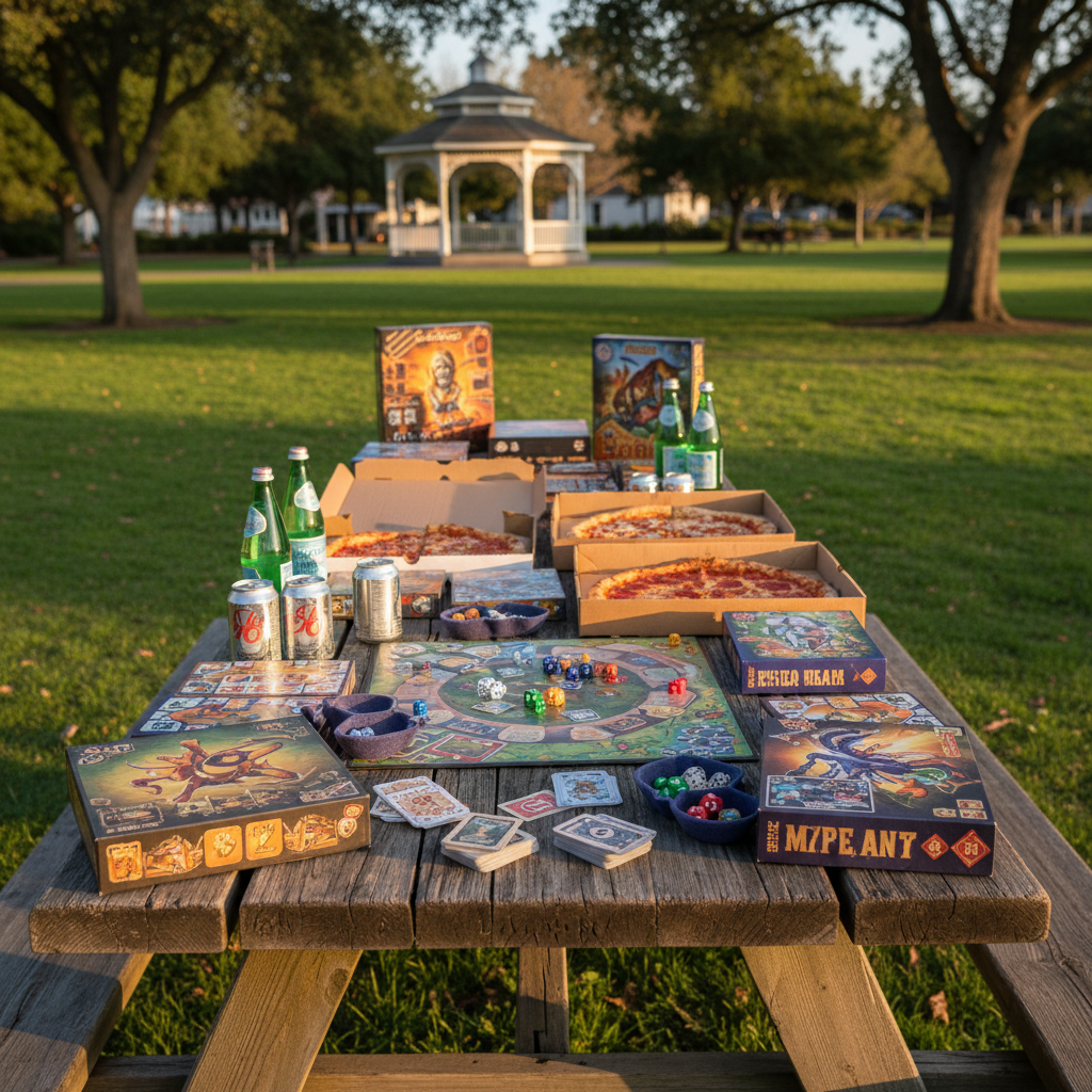 A long wooden picnic table in Solvang Park at golden hour, covered with an eclectic spread of colorful board games, card decks, dice trays, and a few open pizza boxes with perfectly browned crusts. Condensation glistens on ice-cold soda cans and sparkling water bottles. Behind the table, lush green grass and mature trees form a soft, out-of-focus backdrop, with a classic white gazebo barely visible in the distance. The warm, low evening sunlight creates rich, photographic realism, casting playful shadows from the game pieces and catching the gloss of laminated game boards. Shot at eye level with a shallow depth of field, the mood feels welcoming, playful, and full of possibility, capturing the essence of a friendly Sunday meetup without showing any people.