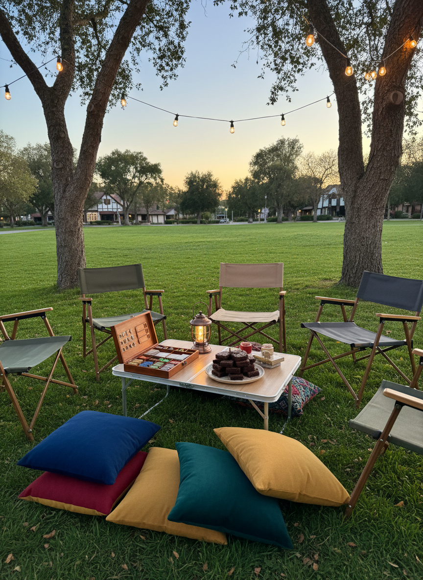 A cozy corner of Solvang Park captured in photographic realism, featuring a low portable camping table surrounded by an informal circle of empty folding chairs and colorful cushions on the grass, suggesting upcoming conversation. On the table rest a wooden game organizer filled with neatly sorted tokens and meeples, a ceramic plate stacked with brownies, and a small lantern-style LED light beginning to glow as dusk settles. String lights are hung between two nearby trees, just starting to twinkle above. The sky is a soft gradient from pale blue to warm peach, providing gentle, even light that becomes slightly moodier toward the background. Shot at eye level with moderate depth of field, the mood is intimate, safe, and warmly playful, capturing a space made for meaningful, authentic connection without any visible people.