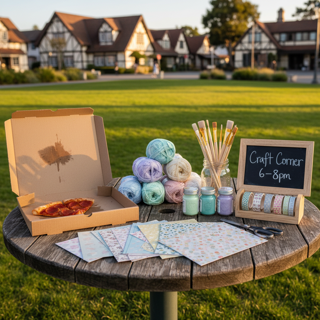 A round, weathered wooden park table topped with a colorful array of craft supplies set up for Solvang Social Sundays: neatly arranged skeins of pastel yarn, small jars of paint, brushes in a mason jar, patterned scrapbook paper, washi tape rolls, and a chalkboard sign that reads “Craft Corner 6–8pm” in friendly handwriting. A simple pizza box lies open to one side, revealing a single remaining slice. The background shows a lush, sun-dappled lawn and the soft outline of Solvang’s half-timbered buildings in the distance. Captured from a slightly elevated angle with photographic realism, the warm evening light produces gentle highlights on scissors and glass jars while keeping the scene soft and approachable. The overall mood is playful, creative, and welcoming, perfect for a community arts-and-games meetup.