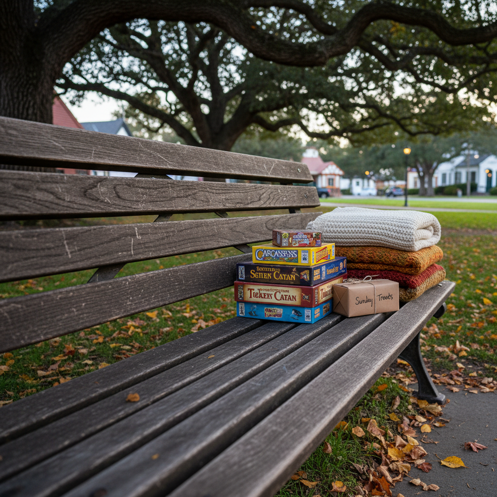 A close-up of a rustic wooden park bench in Solvang Park, its slats worn smooth, holding a neat stack of vibrant board game boxes, a pair of neatly folded knitted blankets, and a small kraft paper dessert box with a handwritten “Sunday Treats” label. Around the bench, fallen leaves in early autumn tones scatter across the grass. Soft, diffused early evening light filters through oak branches above, dappling the bench with gentle highlights. The composition uses rule of thirds, with the bench angled diagonally through the frame and the park landscape softly blurred behind. Photographic realism emphasizes texture—the grain of the wood, the matte cardboard of the boxes, and the cozy fabric—creating an inviting, quietly joyful atmosphere that hints at community gathering without any visible people.