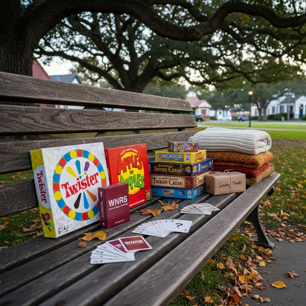 A close-up of a rustic wooden park bench in Solvang Park, its slats worn smooth, holding a neat stack of vibrant board game boxes, a pair of neatly folded knitted blankets, and a small kraft paper dessert box with a handwritten “Sunday Treats” label. Around the bench, fallen leaves in early autumn tones scatter across the grass. Soft, diffused early evening light filters through oak branches above, dappling the bench with gentle highlights. The composition uses rule of thirds, with the bench angled diagonally through the frame and the park landscape softly blurred behind. Photographic realism emphasizes texture—the grain of the wood, the matte cardboard of the boxes, and the cozy fabric—creating an inviting, quietly joyful atmosphere that hints at community gathering without any visible people.